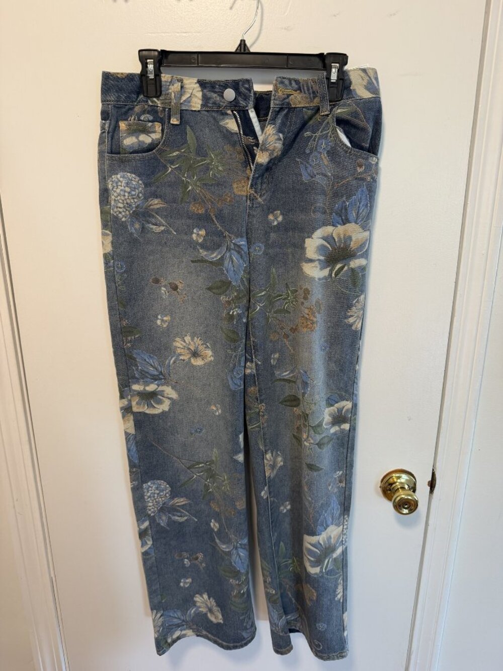 Blue Floral Print Wide Leg Jeans Mid Rise M